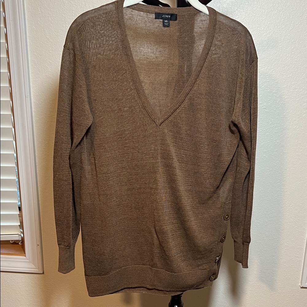 J. Crew Golden Brown V-Neck Sweater with Button Detail